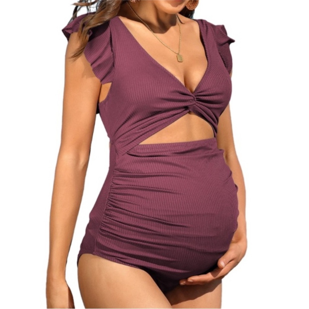Charmo Women Maternity‎ Burgundy Ribbed Swimsuit One Piece size L